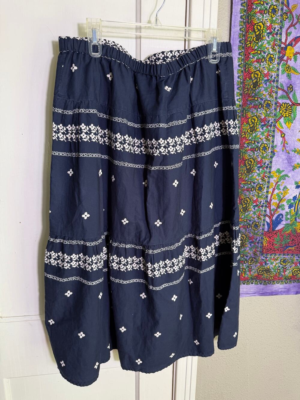 Handmade Navy White Tiered Midi Skirt Elastic Waist Boho Large